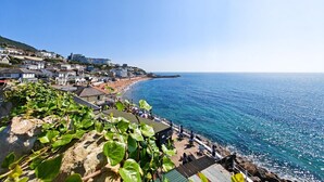 Eine Küstenstadt mit Strand, Häusern und einem felsigen Vordergrund mit viel Grün.