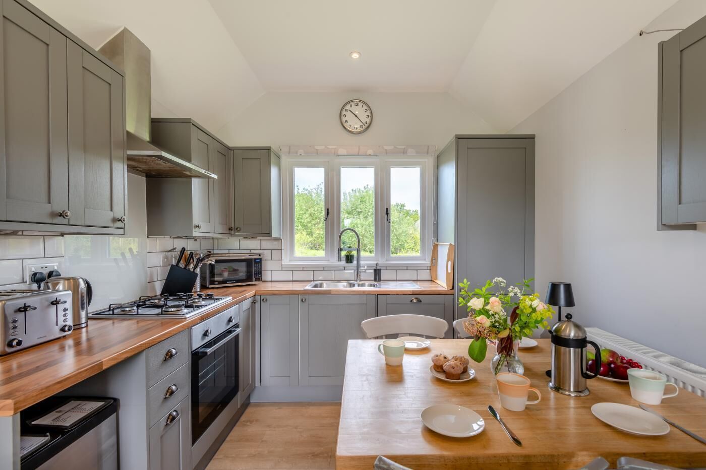 Microwave, oven, dishwasher, high chair