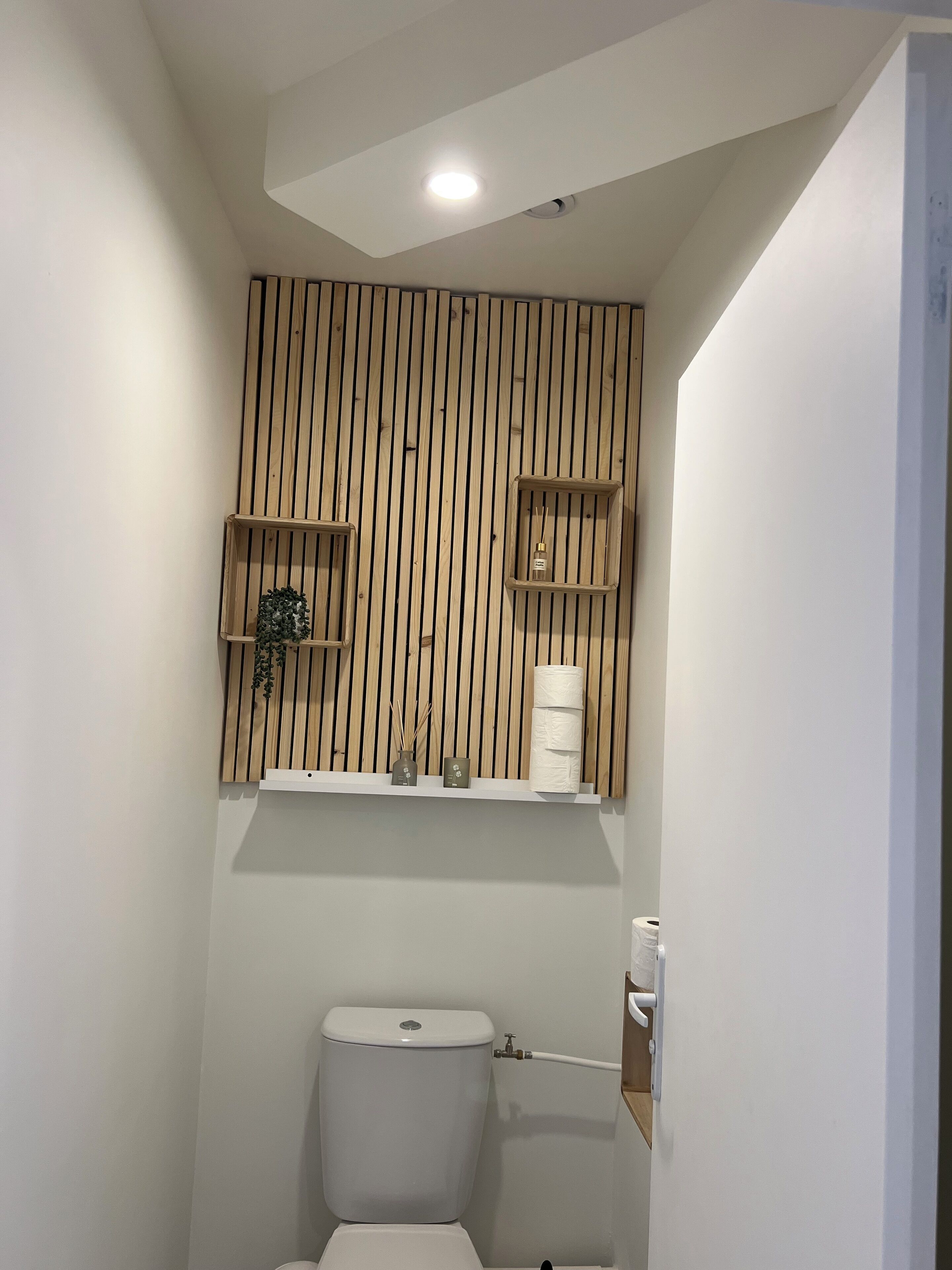 A small, narrow bathroom with a white toilet, wooden slatted wall, and two small shelves with toiletries.