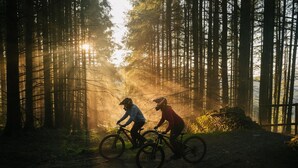 Two cyclists on a dirt path surrounded by tall trees with sunlight filtering through. - 2 Bed in St. Hilary (oc-c33064) (Cowbridge)