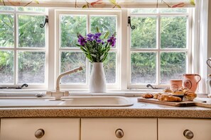 A kitchen with a sink, a vase with flowers, and a window with a view of greenery.
