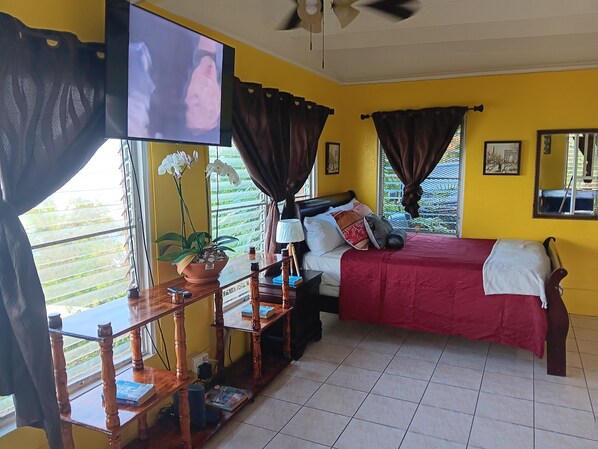 A room with a bed, a TV, a desk with a computer, a potted plant, and a window with curtains.