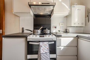 Eine kleine Küche mit Herd, Backofen und Durchlauferhitzer.