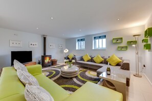 Un salon moderne avec un canapé vert, un téléviseur à écran plat, une cheminée et un coin repas comprenant une table et des chaises.