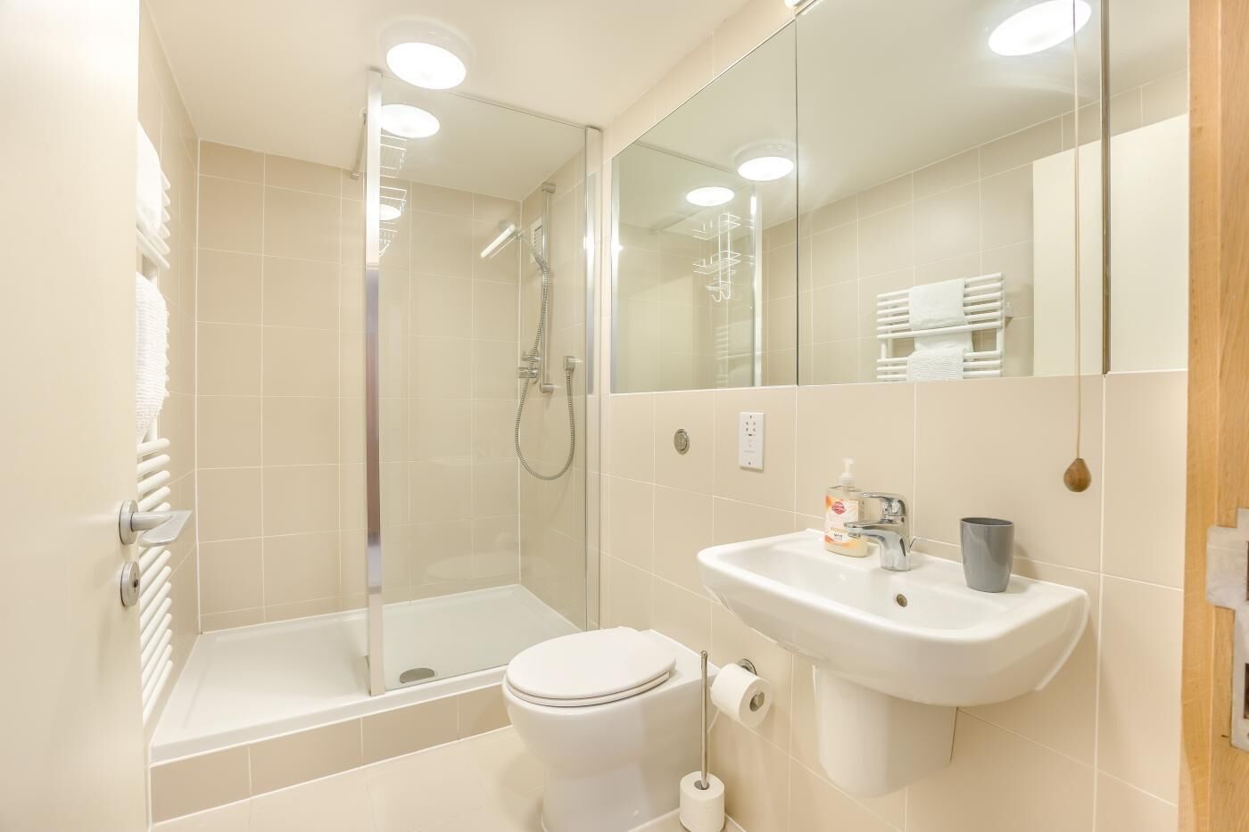 A modern bathroom with a glass-enclosed shower, a white sink, and a toilet.