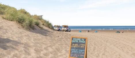 A beach with a sign indicating no BBQs or fires on the sand, and a warning about dogs not allowed on the beach.