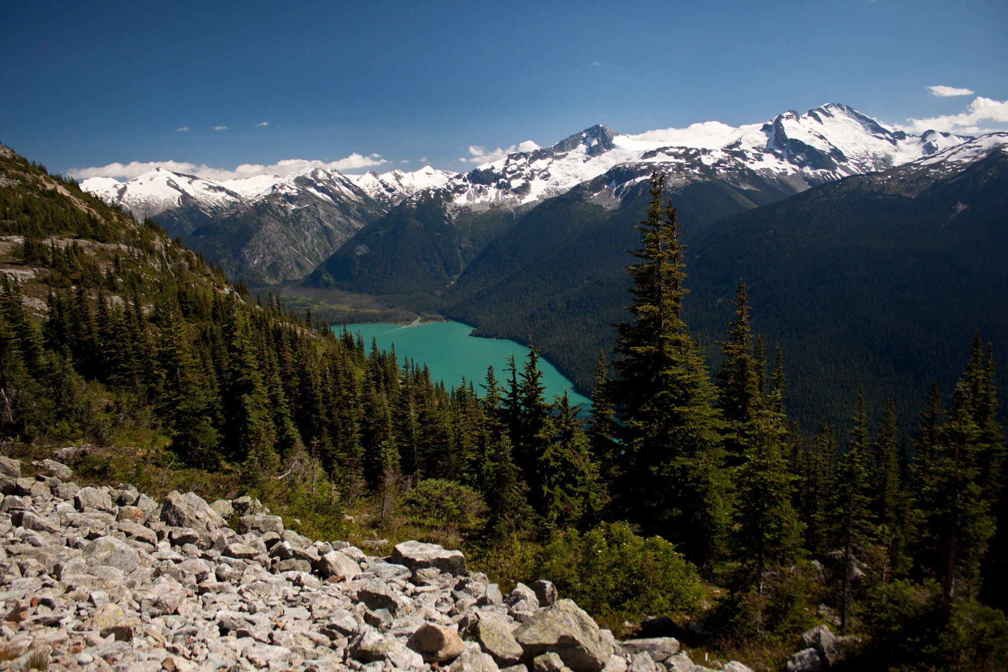 Un paysage montagneux avec un lac turquoise, une forêt dense et des sommets enneigés.