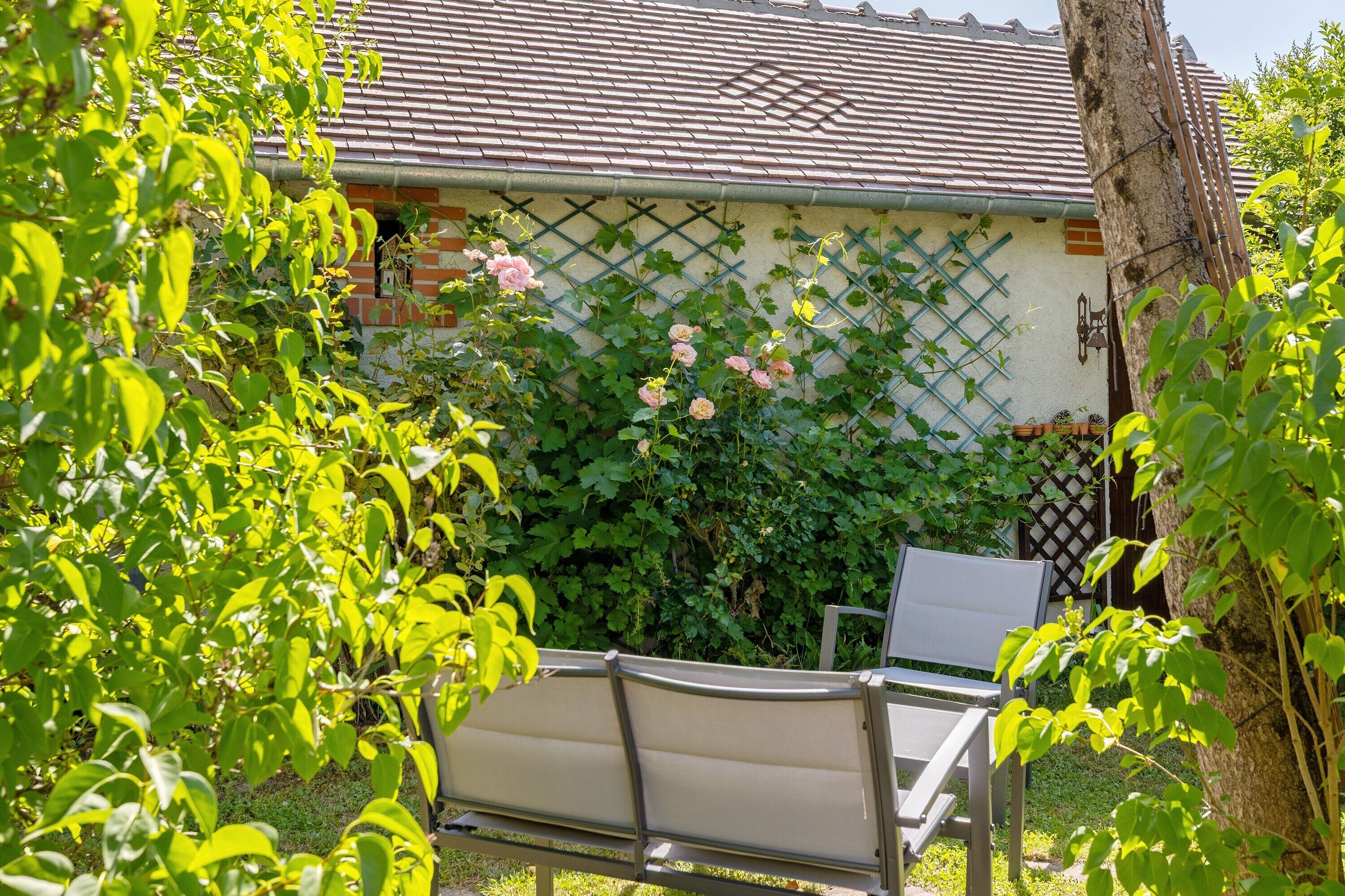 A garden with a bench, a lattice wall, and a building with a tiled roof.