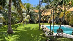 Un espace piscine avec une eau d’un bleu limpide, entouré d’une pelouse verdoyante et de palmiers.