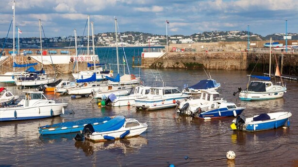 A marina with various boats docked, a stone wall, and a distant view of a town. - 3 Bed in Paignton (oc-bc1890) (Paignton)