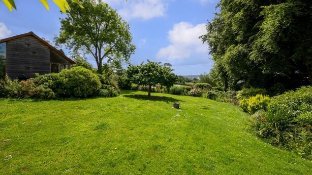 A lush green garden with a wooden cabin, surrounded by dense trees and shrubs. - 2 Bed in Bere Alston (oc-bcdrif) (Bere Alston)
