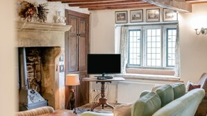 Een gezellige woonkamer met een open haard, een televisie en een raam met gordijnen.