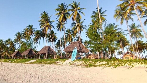 Ein Strand mit Lehmhütten und Palmen.