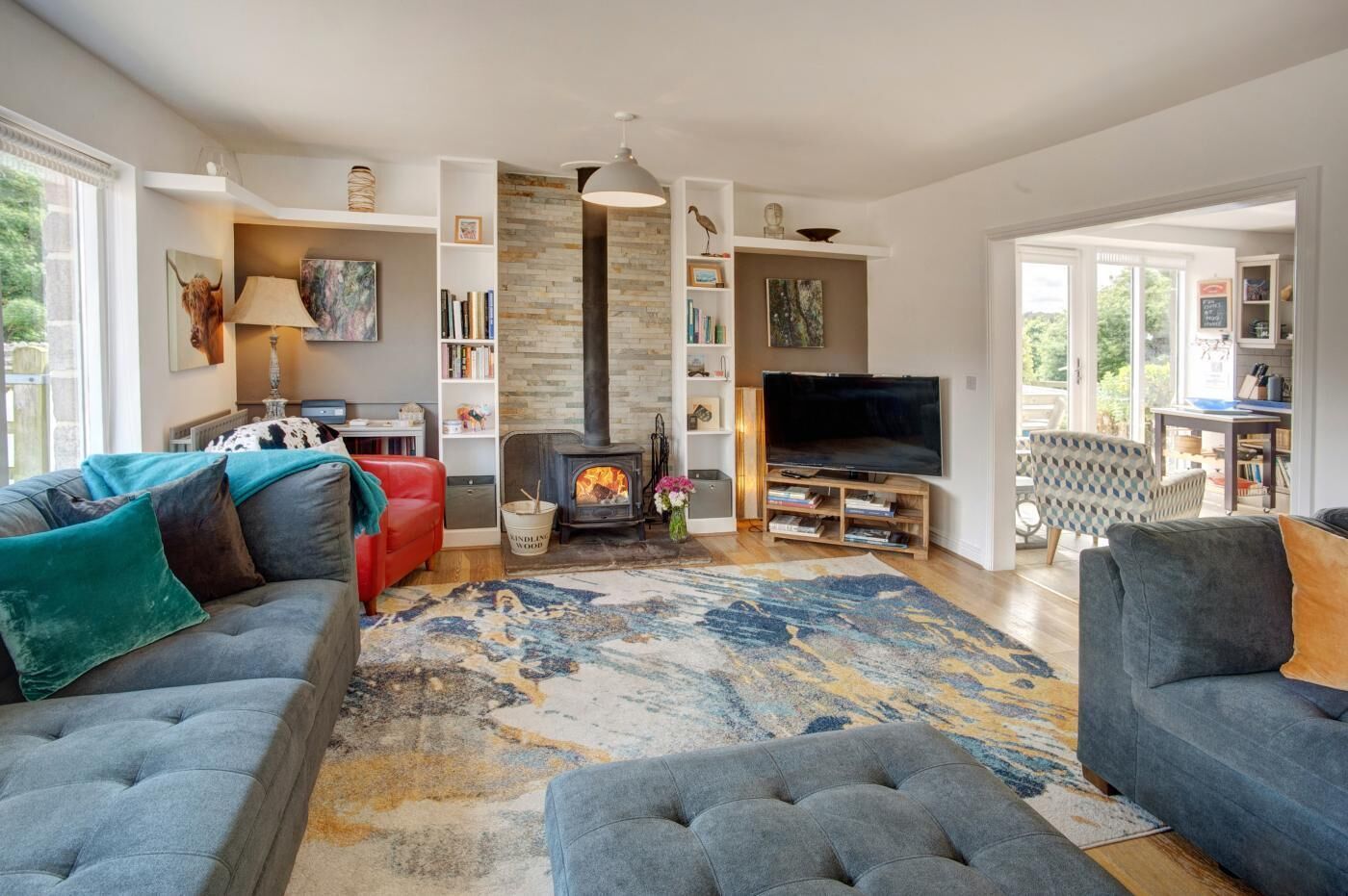 TV, fireplace