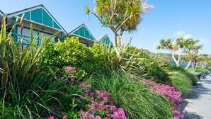 A hotel with a modern design, featuring a prominent green and white color scheme, lush tropical landscaping, and a clear blue sky. - 2 Bed in Langland (oc-hh1005) (Newton)