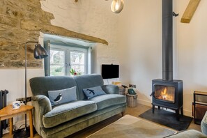 A cozy living room with a stone wall, a sofa with cushions, a fireplace, and a window. - 2 Bed in Moylegrove (oc-s33510) (Cardigan)