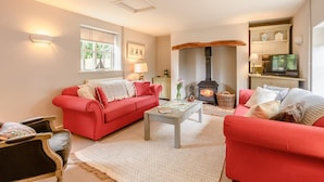 Ein gemütliches Wohnzimmer mit Kamin, zwei roten Sofas, einem Couchtisch und einem Fernseher.