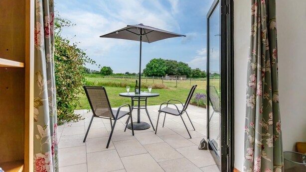 Une porte-fenêtre coulissante donne sur un patio équipé d’une table et de chaises, d’un parasol et offrant une vue sur un champ verdoyant et des arbres.