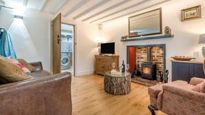 A cozy living room with a fireplace, wooden furniture, and a television. - 2 Bed in Peasmarsh (oc-s33528) (Peasmarsh)