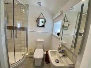 Een moderne badkamer met een douchecabine van glas, een toilet, een wastafel en een spiegel.