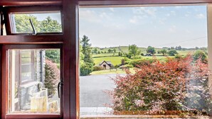 A view from a window with a wooden frame, overlooking a rural landscape with green fields, a small house, and a bush with pink flowers. - 2 Bed in Aberystwyth (oc-99869) (Pontarfynach)