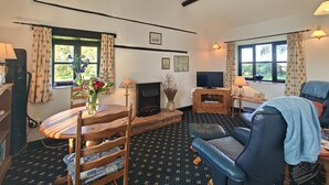 Una sala de estar acogedora con chimenea, televisor y asientos cómodos.