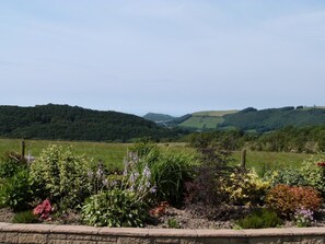 A rural landscape with rolling hills, a variety of vegetation, and a clear sky.