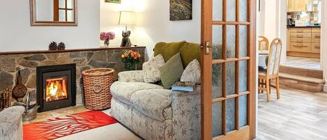 Una televisión, una chimenea