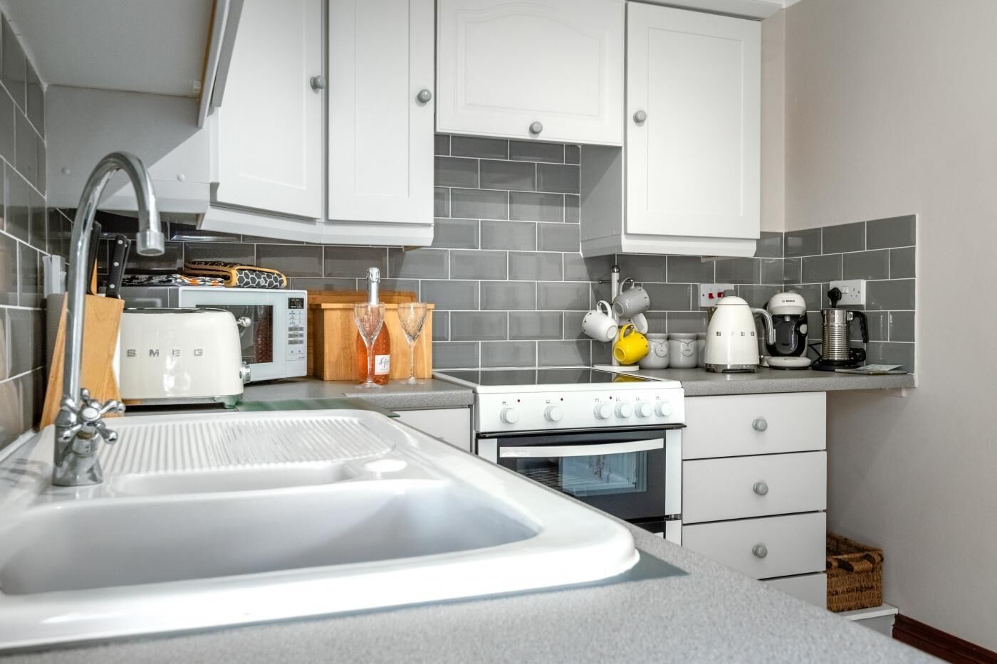 Microwave, highchair, cookware/dishes/utensils