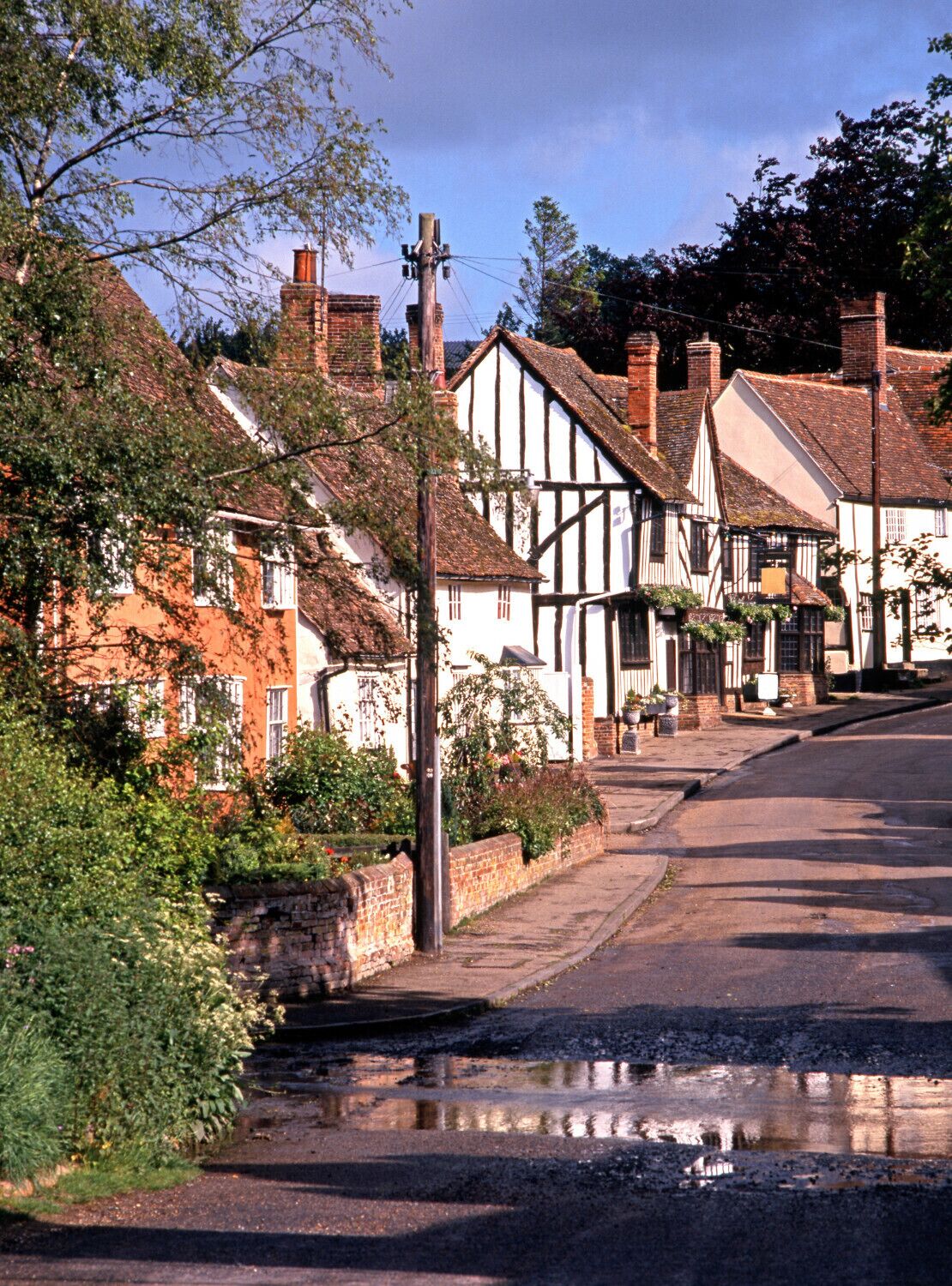A traditional half-timbered building with a paved street and a small puddle reflecting the surroundings.