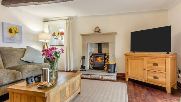 A cozy living room with a fireplace, a sofa, a coffee table with pastries, and a TV on a wooden cabinet.