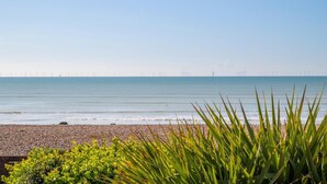 A beach with a pebbly shore, foreground vegetation, and a distant view of wind turbines across the water.
