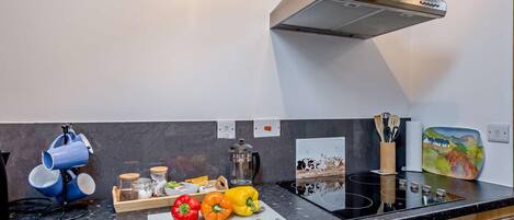 Oven, highchair, cookware/dishes/utensils