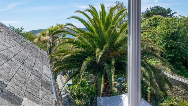 Vista de un edificio con techo inclinado y jardín con palmeras y otra vegetación.
