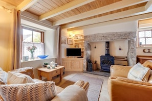 Un salon chaleureux avec une cheminée en pierre, des meubles en bois et un téléviseur.
