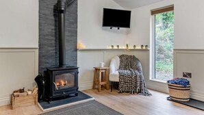 A modern living room with a wood-burning stove, a mounted TV, a window with a view, and a small table with a chair. - 1 Bed in Littlebeck (oc-m33953) (Littlebeck)