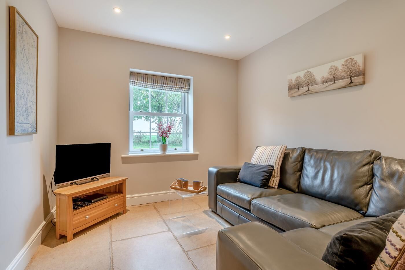 A living room with a flat-screen TV, a wooden entertainment unit, a leather sofa, and a window with a view of greenery.