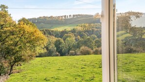 Blick auf ein grünes Feld mit Bäumen und Hügeln im Hintergrund.