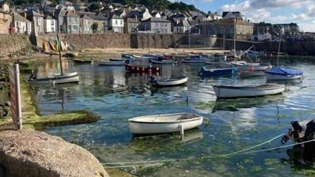 A coastal village with boats docked at a harbor, surrounded by houses and a rocky shoreline.