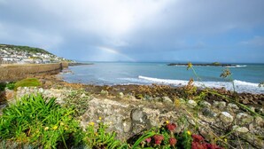 A coastal view with a stone wall, greenery, and a distant town.