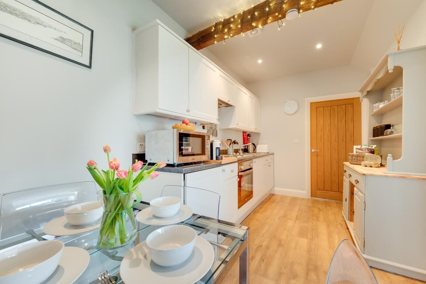 Microwave, oven, high chair, cookware/dishes/utensils