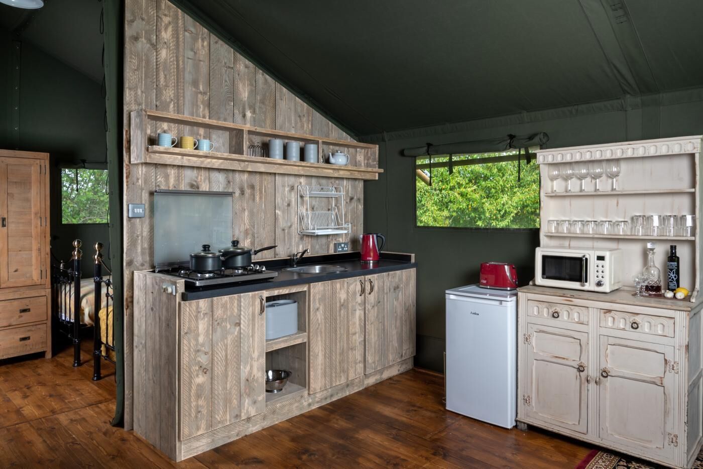 Microwave, highchair, cookware/dishes/utensils