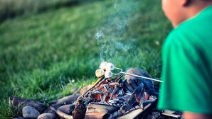 A person grilling marshmallows over an open fire.