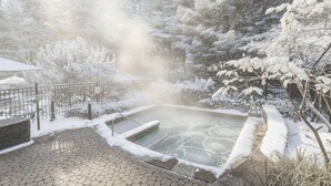 A snow-covered outdoor area with a hot spring, a metal fence, and a paved walkway. - Aux Étoiles EMG: Ski In/Out at Soleil Express (Mont-Tremblant)