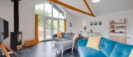 A modern living room with a fireplace, a sofa, a television, and a dining area with a table and chairs.