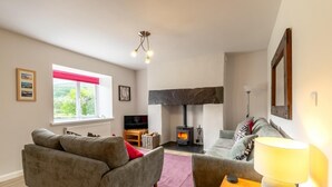 Ein gemütliches Wohnzimmer mit Kamin, zwei Sofas, einem Fernseher und einer Lampe.