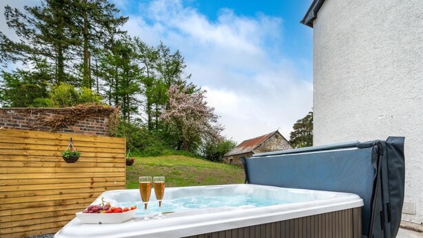 Ein Whirlpool mit zwei Sektgläsern, umgeben von einem Holzzaun, einer Steinmauer und einem Garten mit Bäumen und einem Haus im Hintergrund.