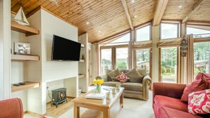A cozy living room with a wooden ceiling, a flat-screen TV, a fireplace, and a sofa with a floral cushion. - 3 Bed in Whitby (oc-wa057) (Runswick Bay)