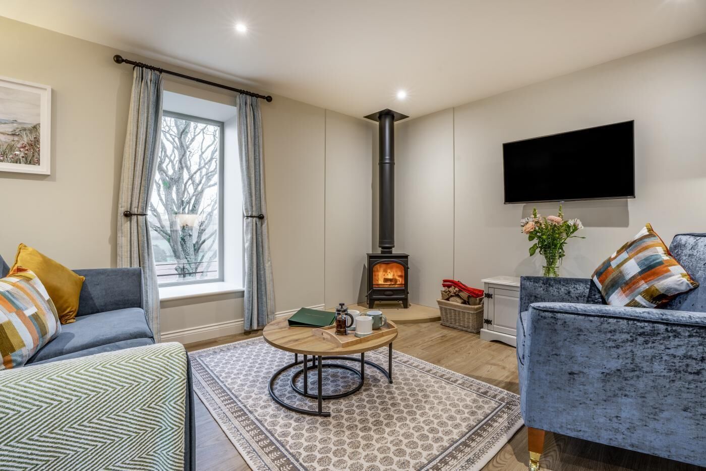 Una televisión, una chimenea