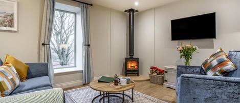 Una televisión, una chimenea